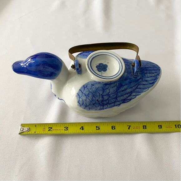 Vintage Blue and White Duck Teapot with Brass Handle - Collectible Ceramic - Picture 5 of 9